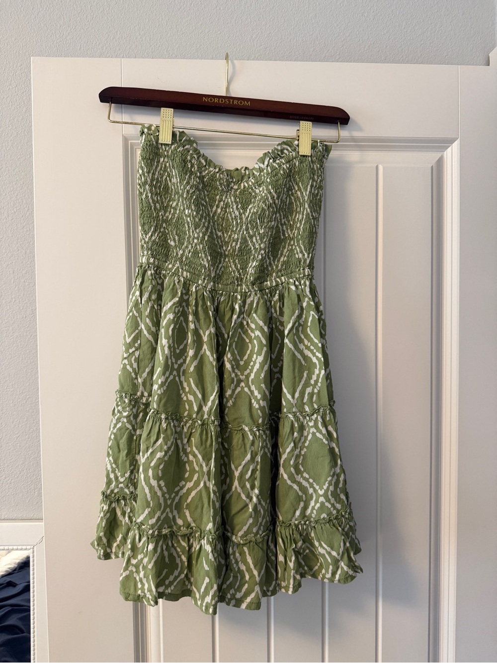 Strapless Smocked Olive Green Print Tiered Dress